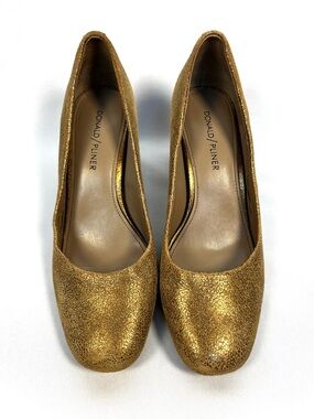 Donald J Pliner Gold Leather Block Heel Pumps Metallic Square Toe 7M